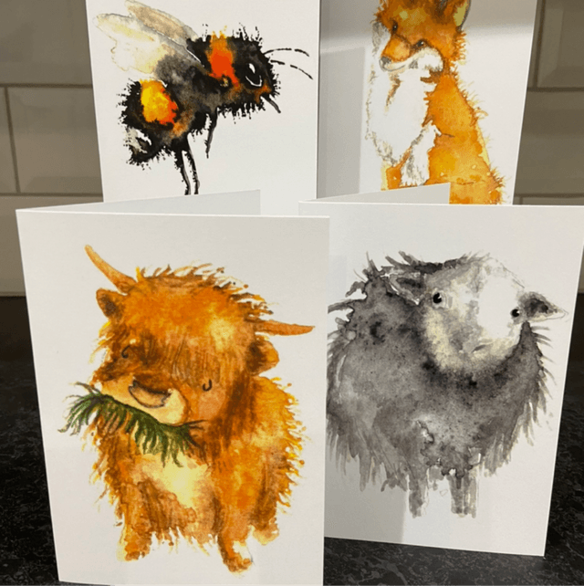 Watercolour Animal Greeting Cards with Herdwick sheep, highland cow, honey bees or fox designs. Blank suitable for any occasion. 